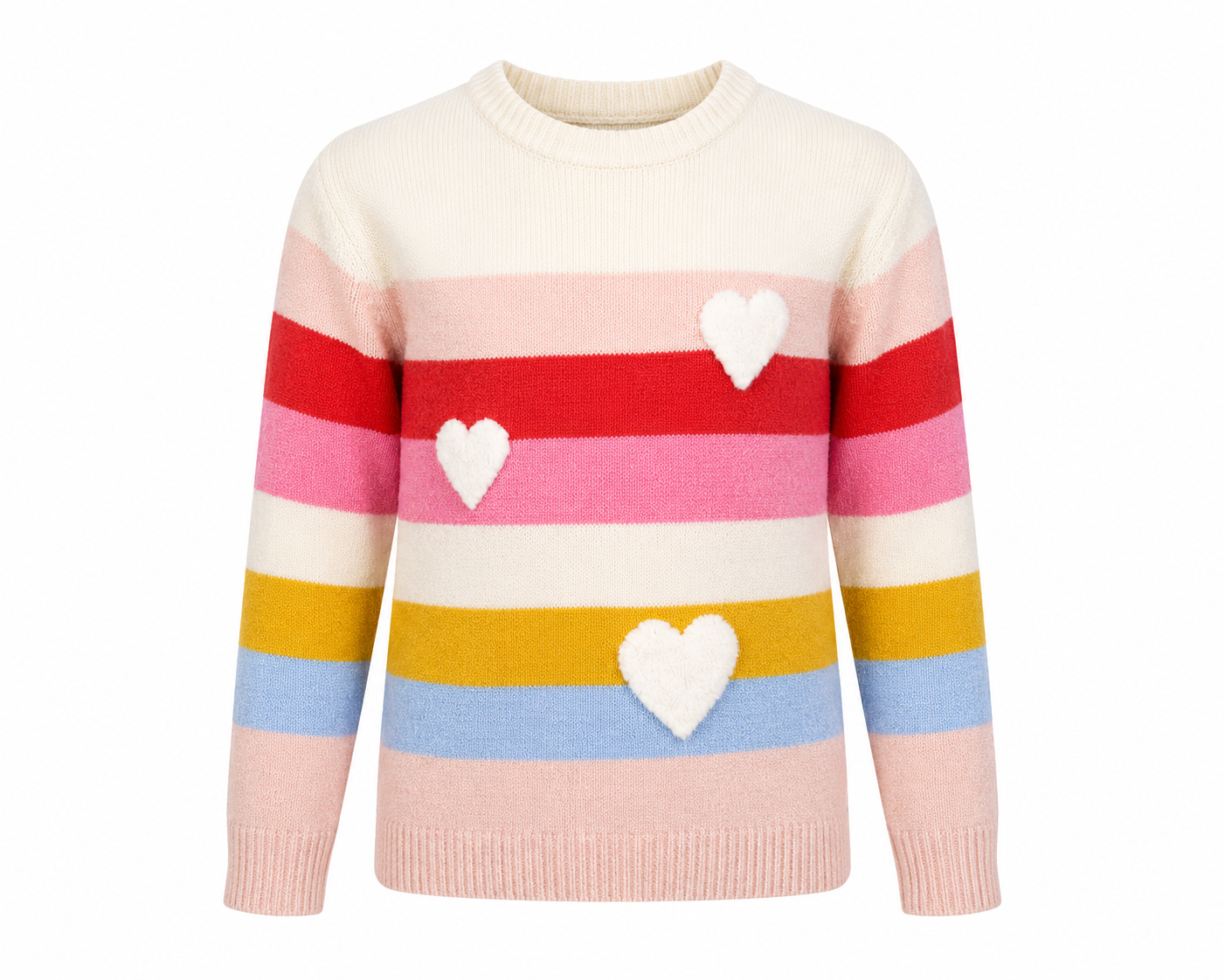  F&F Girls Multicolour Heart Stripe Knitted Sweater in UK Size 6. Soft knit, colourful stripes and cute heart details make it perfect for everyday wear.