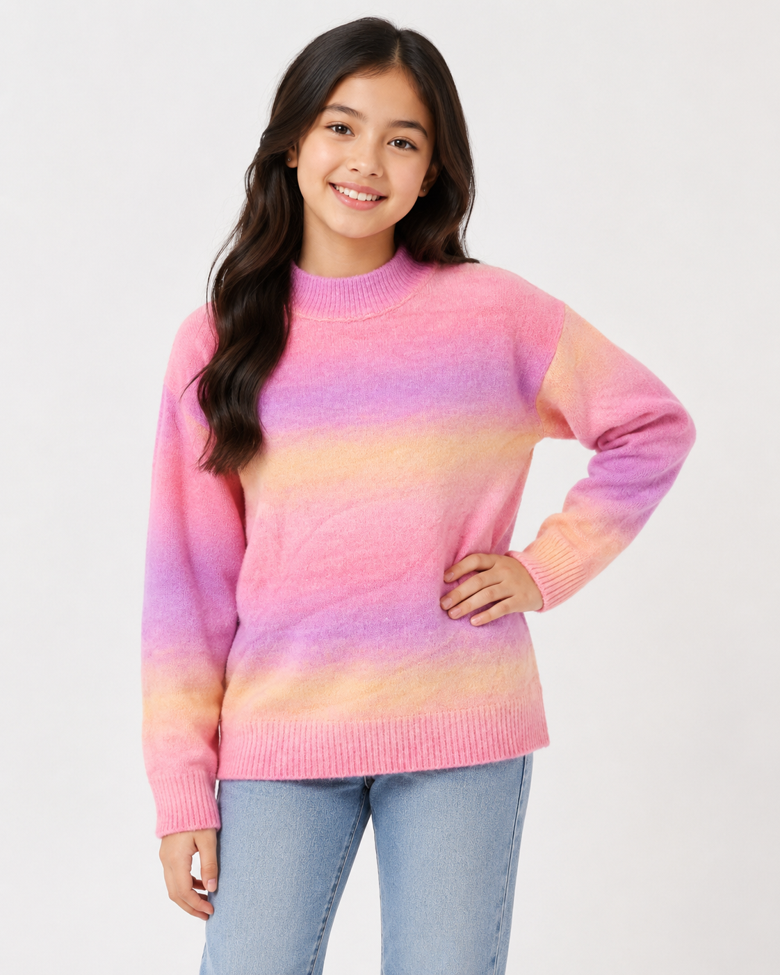  F&F Girls Pastel Ombré Knit Sweater in UK size 11–12 years. Pink, lavender and pastel yellow gradient design with long sleeves and cozy knit finish.