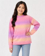  F&F Girls Pastel Ombré Knit Sweater in UK size 11–12 years. Pink, lavender and pastel yellow gradient design with long sleeves and cozy knit finish.