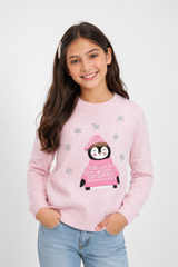 F&F Girls Pink Penguin Christmas Knitted Jumper