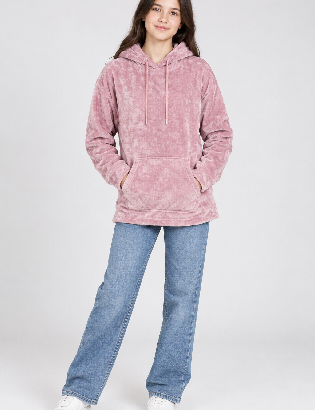 F&F Pink Velour Hoodie in UK Size S. Soft textured pullover with hood, drawstrings and kangaroo pocket, perfect for casual everyday wear.