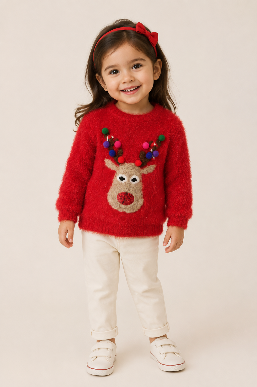 F&F Girls Red Christmas Reindeer Jumper in UK size 5–6 years. Soft fluffy knit with festive reindeer design, perfect for cosy winter and Christmas outfits.