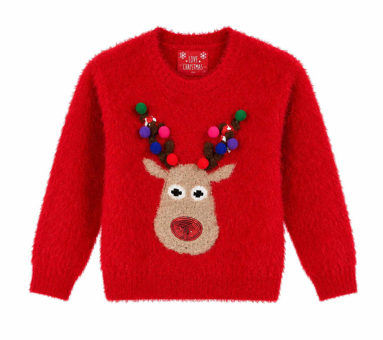 F&F Girls Red Christmas Reindeer Jumper in UK size 5–6 years. Soft fluffy knit with festive reindeer design, perfect for cosy winter and Christmas outfits.