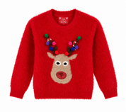 F&F Girls Red Christmas Reindeer Jumper in UK size 5–6 years. Soft fluffy knit with festive reindeer design, perfect for cosy winter and Christmas outfits.