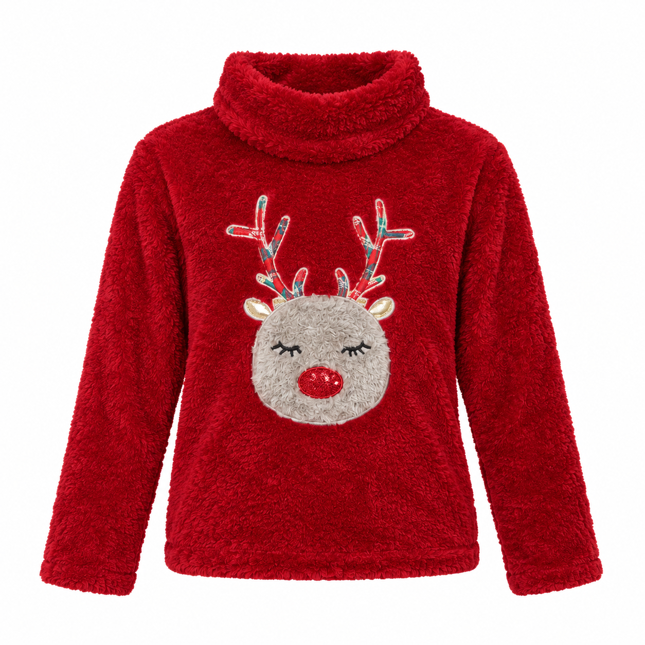  the F&F Girls Red Reindeer Fleece Jumper in UK Size S. A soft, cosy and festive long-sleeve Christmas top with a cute reindeer design.