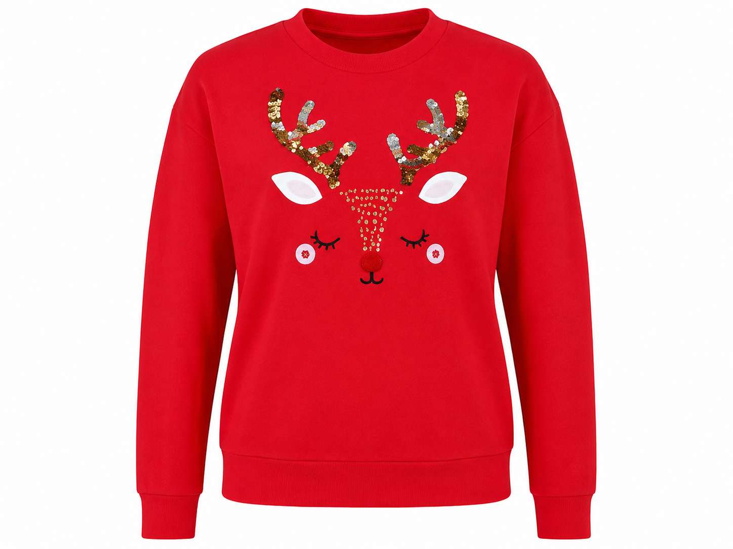  F&F Girls Red Reindeer Christmas Sweatshirt in UK 13-14 years. Cute festive design with sequin antlers, long sleeves and comfortable crew neck.