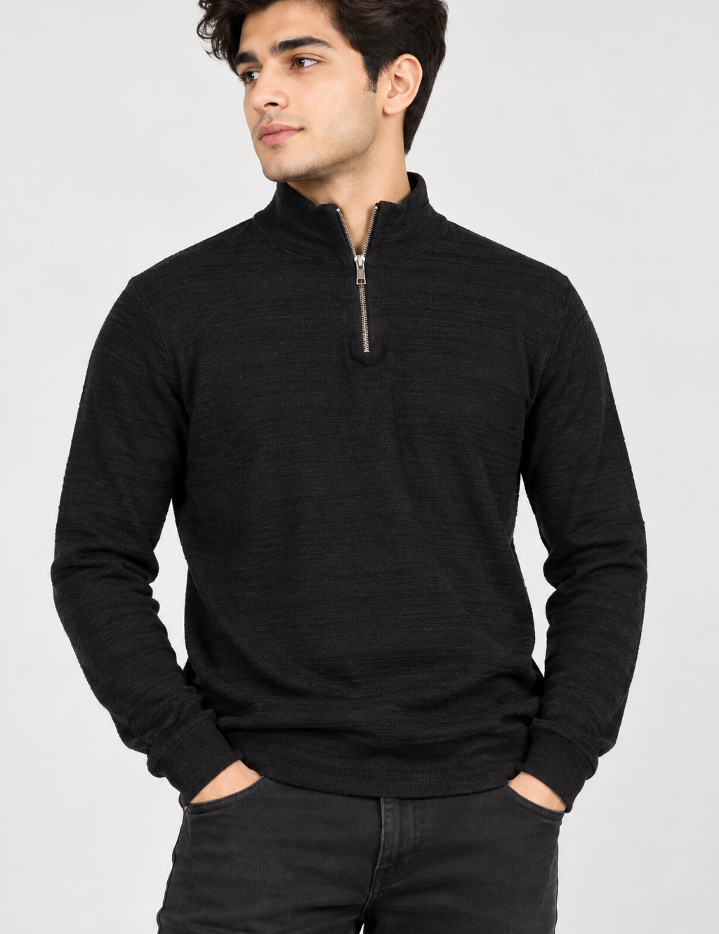  F&F Men’s Black Half-Zip Textured Jumper in UK Size XL. A stylish long-sleeve high-neck pullover ideal for casual and everyday wear.