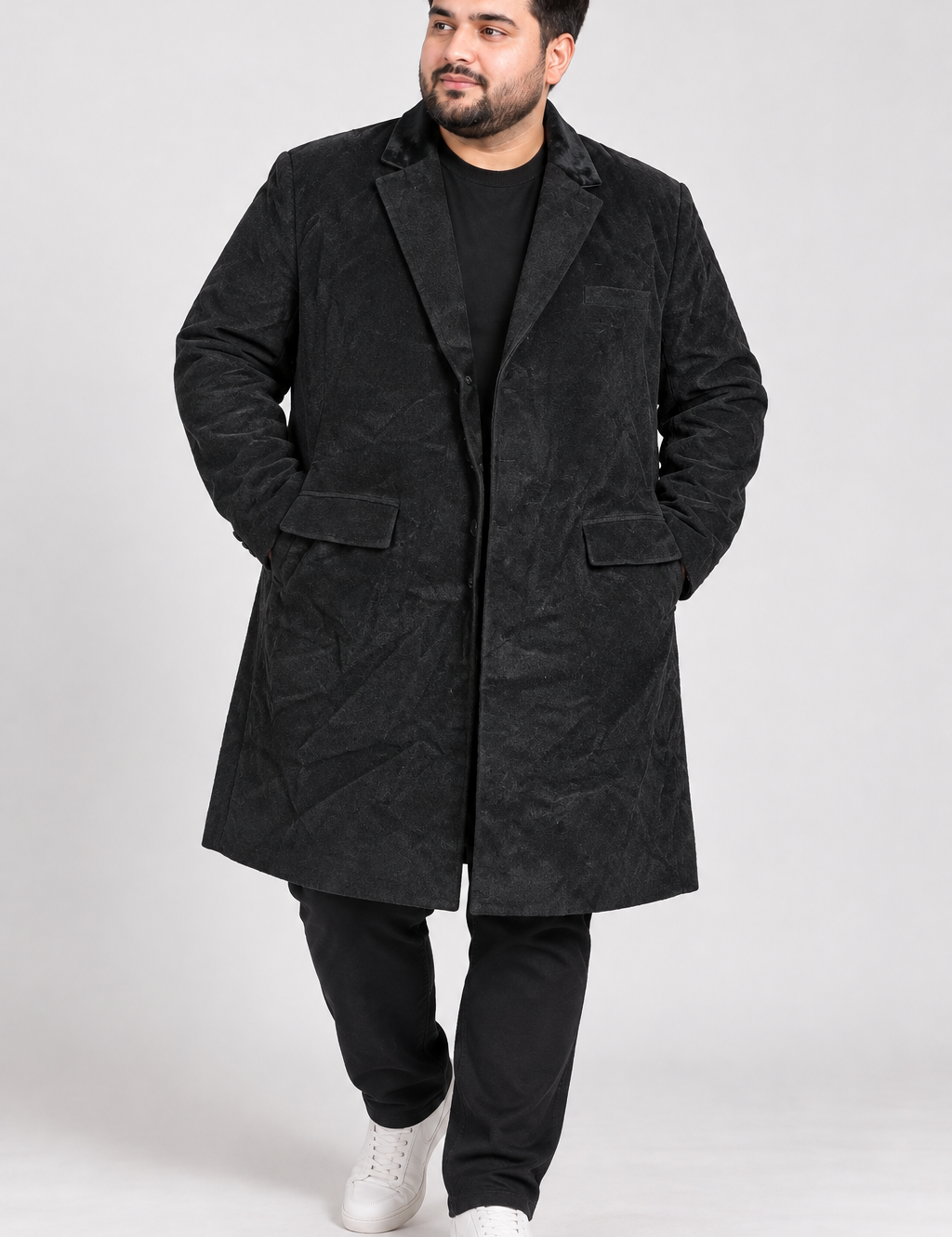 F&F Men’s Black Textured Long Overcoat in UK Size XXL. A smart long-length coat with notch lapels, button fastening and practical pockets.