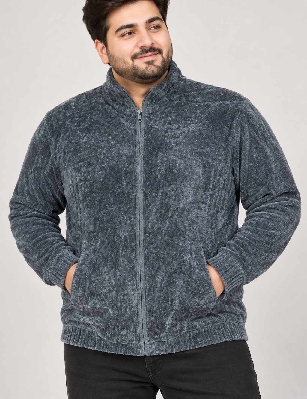 F&F Men’s Charcoal Grey Textured Full Zip Fleece Jacket in UK Size 3XL. Soft, warm and comfortable with front pockets and a high collar.
