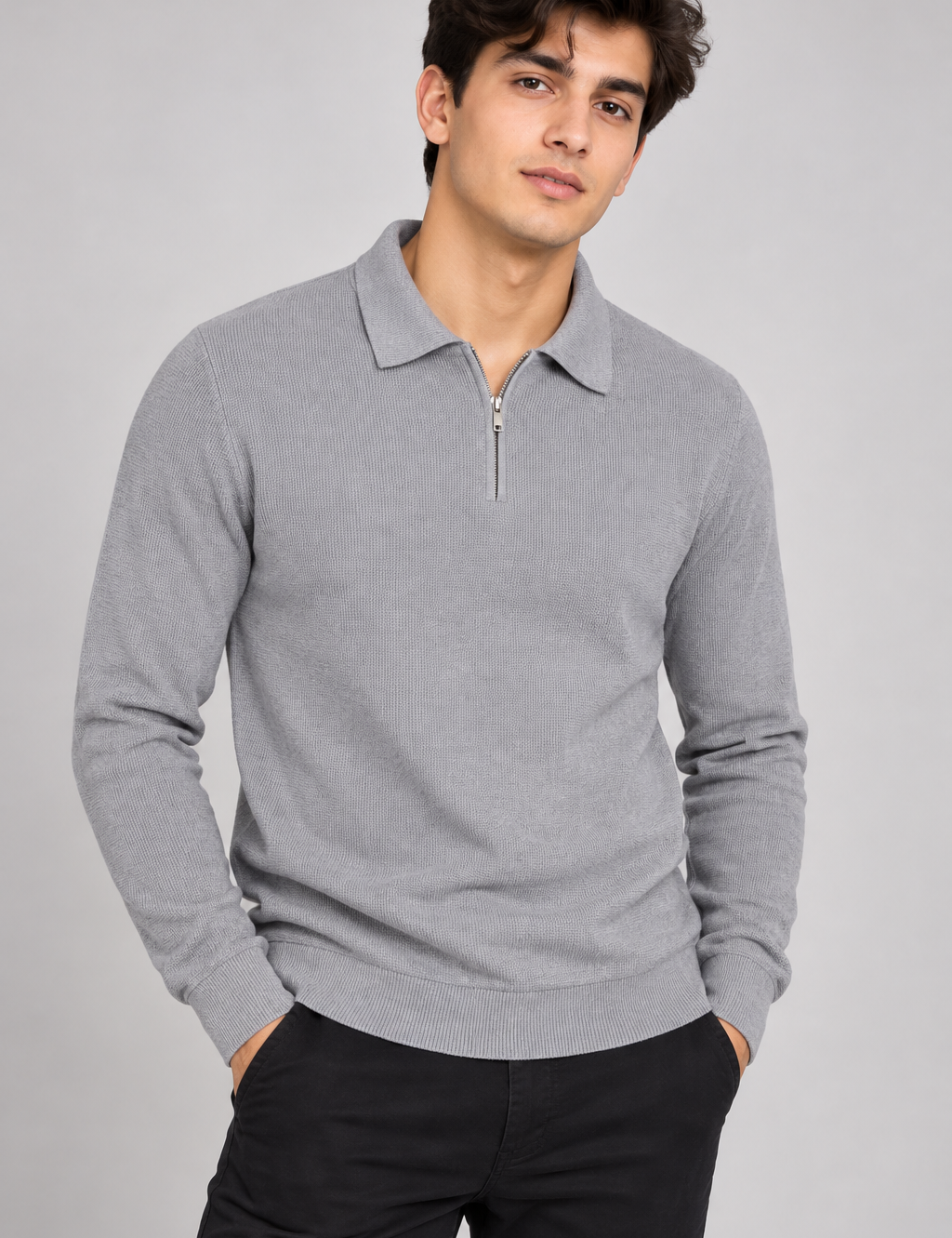  F&F Men’s Grey Half-Zip Collared Knit Jumper in UK Size M. A versatile long-sleeve smart-casual pullover ideal for everyday wear and layering.
