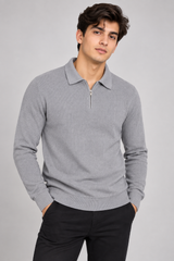 F&F Men Grey Half-Zip Collared Knit Jumper
