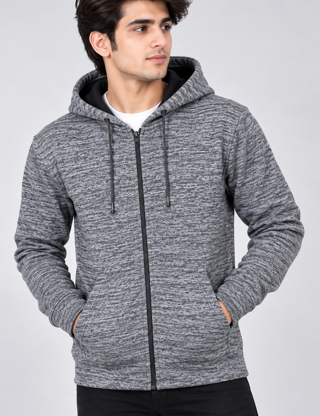 F&F Men’s Grey Marl Zip-Up Hoodie in UK Size M. Stylish full-zip hooded design with long sleeves and practical front pockets for everyday wear.