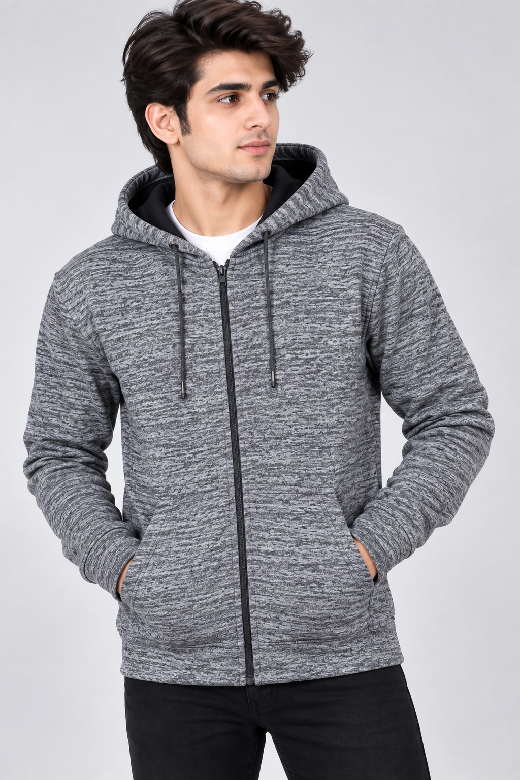 F&F Men’s Grey Marl Zip-Up Hoodie in UK Size M. Stylish full-zip hooded design with long sleeves and practical front pockets for everyday wear.