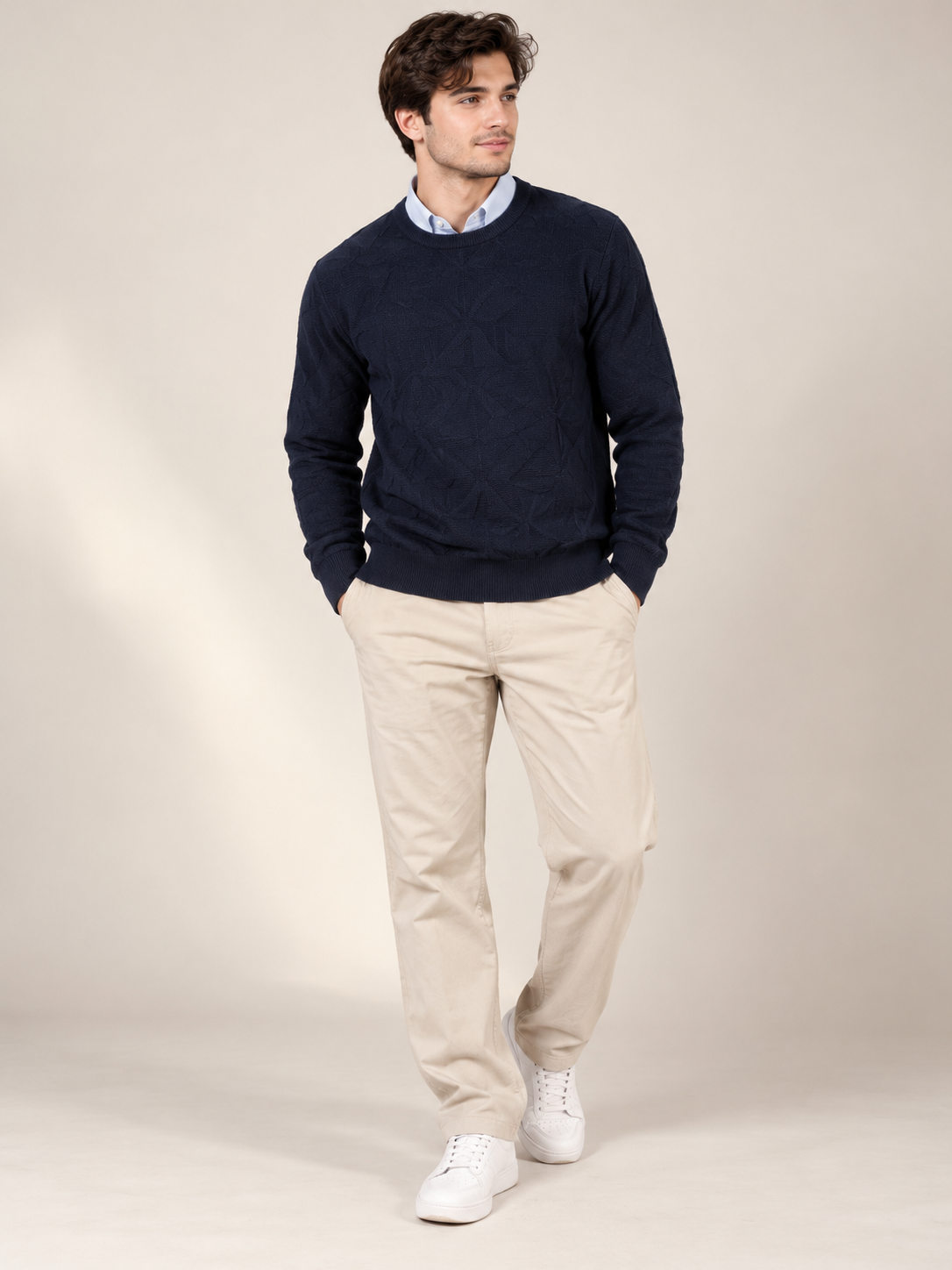 F&F Men's Navy Blue Textured Crew Neck Jumper in UK Size L. Chest 21", length 27". Stylish knitwear for casual and smart everyday outfits.