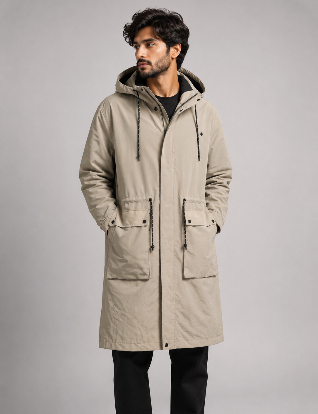  F&F men’s beige hooded parka coat in UK Size 14. Longline utility design with adjustable hood and spacious pockets, perfect for casual everyday wear.