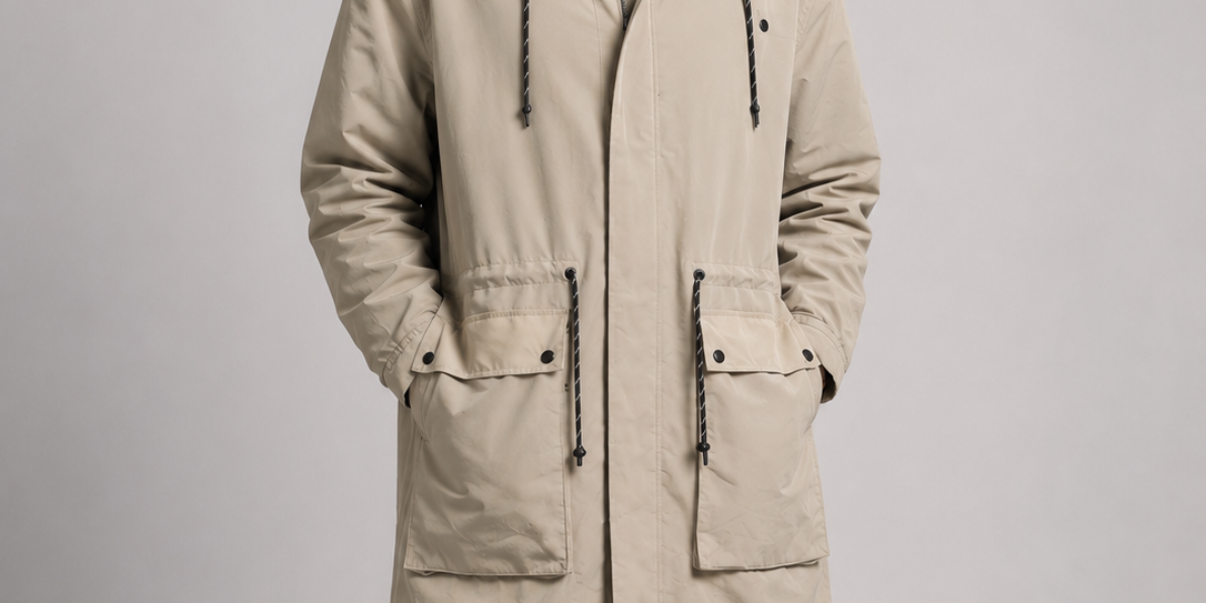  F&F men’s beige hooded parka coat in UK Size 14. Longline utility design with adjustable hood and spacious pockets, perfect for casual everyday wear.