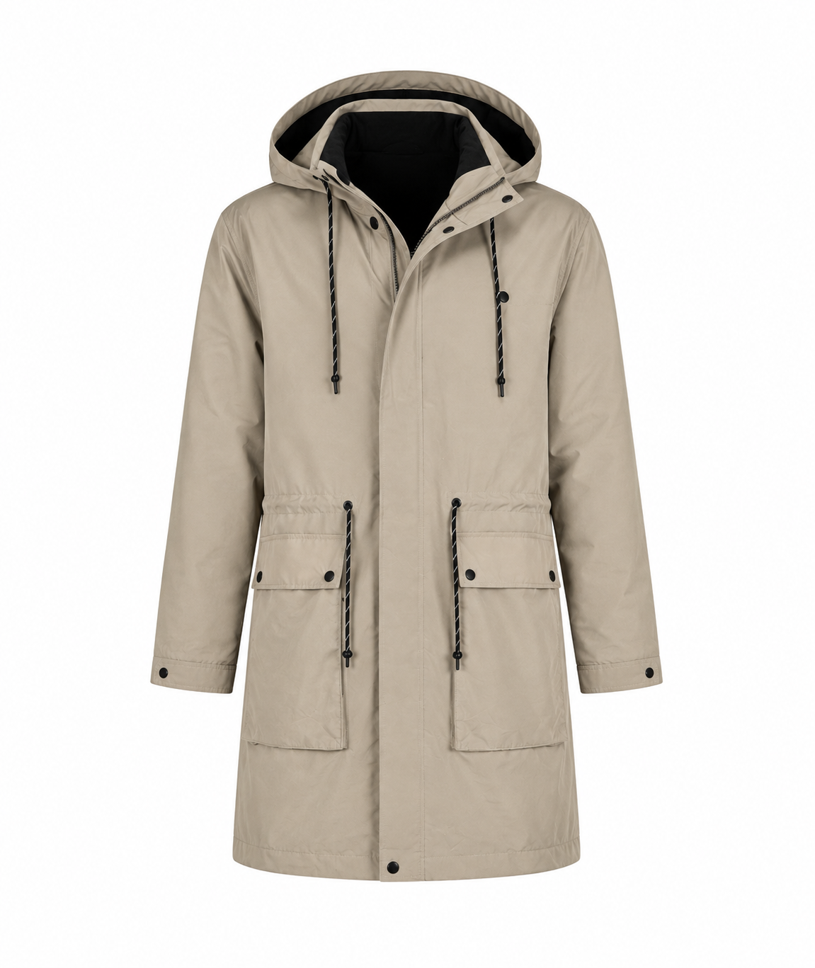  F&F men’s beige hooded parka coat in UK Size 14. Longline utility design with adjustable hood and spacious pockets, perfect for casual everyday wear.
