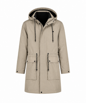  F&F men’s beige hooded parka coat in UK Size 14. Longline utility design with adjustable hood and spacious pockets, perfect for casual everyday wear.