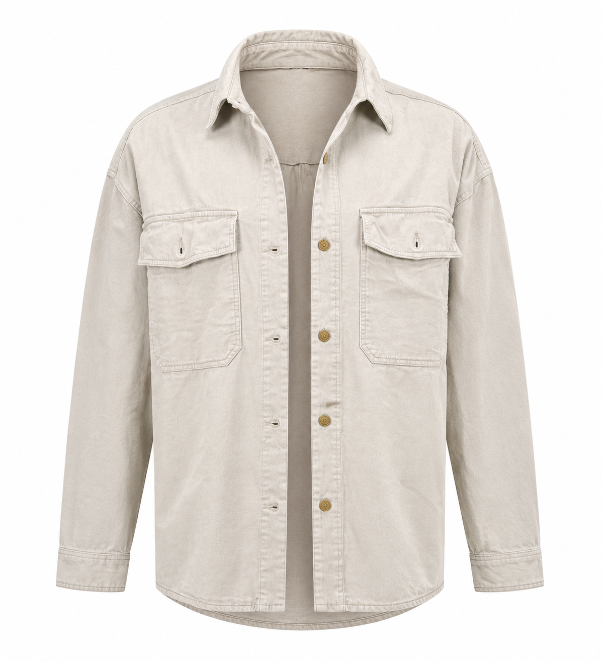  F&F men's beige utility shacket in UK size 16-18. Stylish long-sleeve button-front overshirt with practical chest pockets, perfect for casual layering.