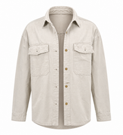  F&F men's beige utility shacket in UK size 16-18. Stylish long-sleeve button-front overshirt with practical chest pockets, perfect for casual layering.
