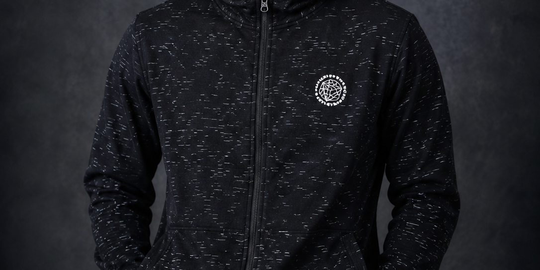 A man wearing a F&F black and white heathered zip-up hoodie with a circular white logo on the left chest, standing against a dark textured studio background.