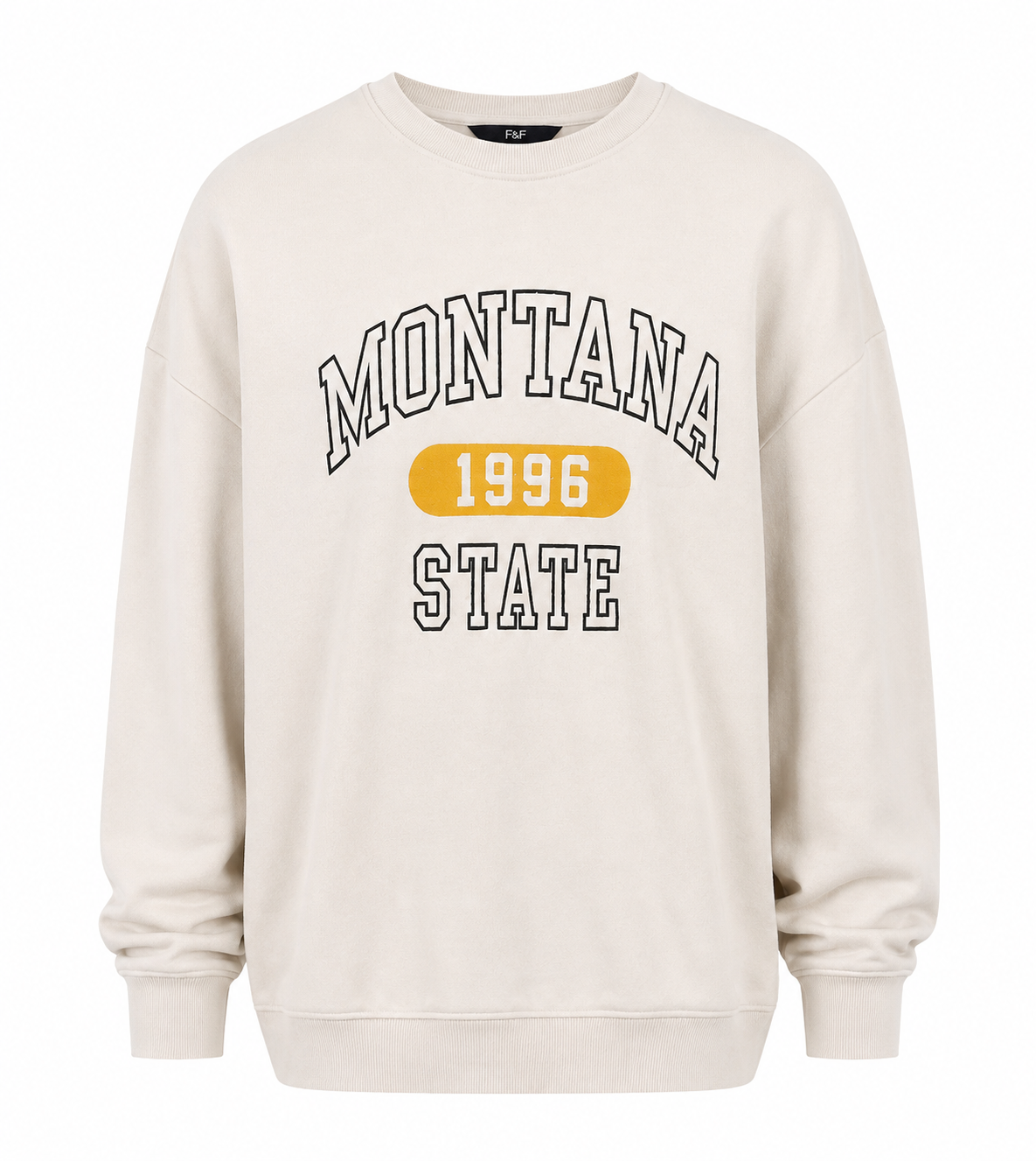   F&F Montana State 1996 cream sweatshirt in UK Size 12. Stylish varsity graphic, crew neck and long sleeves make it ideal for casual everyday wear.