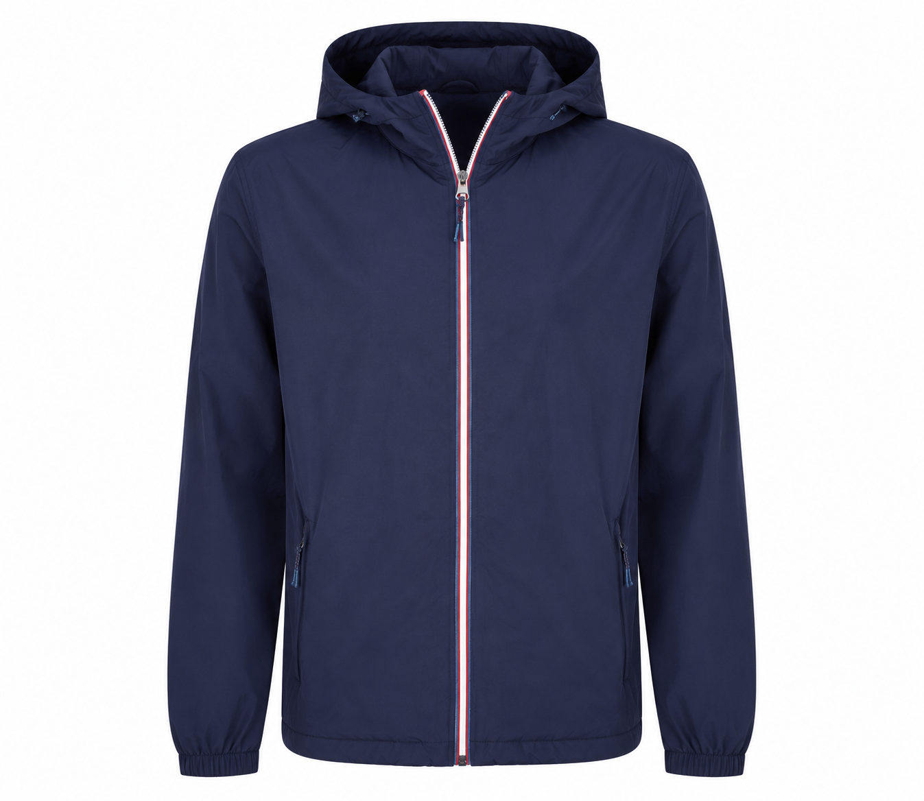  F&F Men’s Navy Blue Hooded Windbreaker Jacket in UK XL. Lightweight design with full zip, hood, zipped pockets and sporty red-white trim.