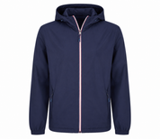  F&F Men’s Navy Blue Hooded Windbreaker Jacket in UK XL. Lightweight design with full zip, hood, zipped pockets and sporty red-white trim.