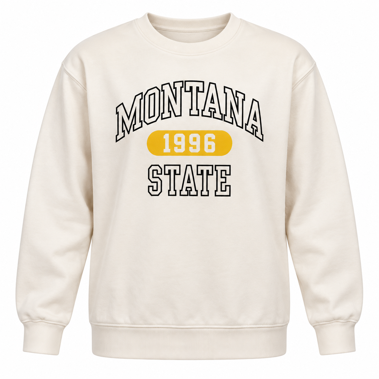  this F&F Montana State 1996 cream sweatshirt in UK size S. A comfortable women’s varsity-style crew neck jumper with a bold graphic print.