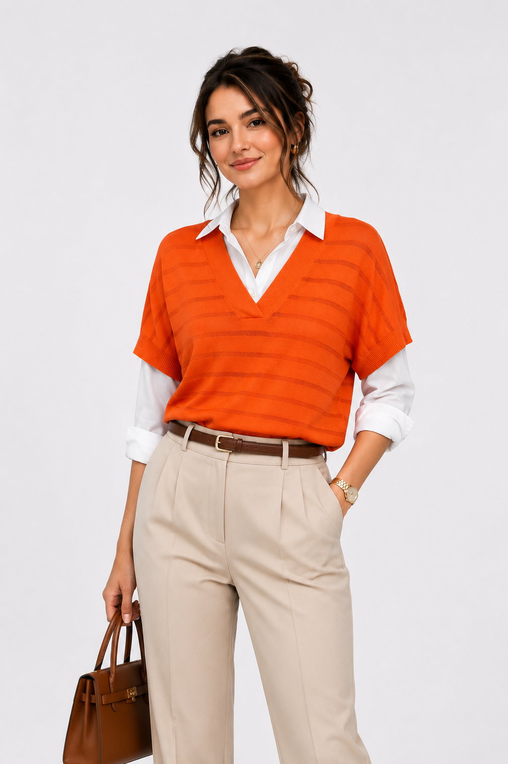  F&F Orange Striped V-Neck Knit Top in UK Size L. Stylish lightweight knit with short sleeves, textured stripes and a relaxed fit for smart-casual outfits.