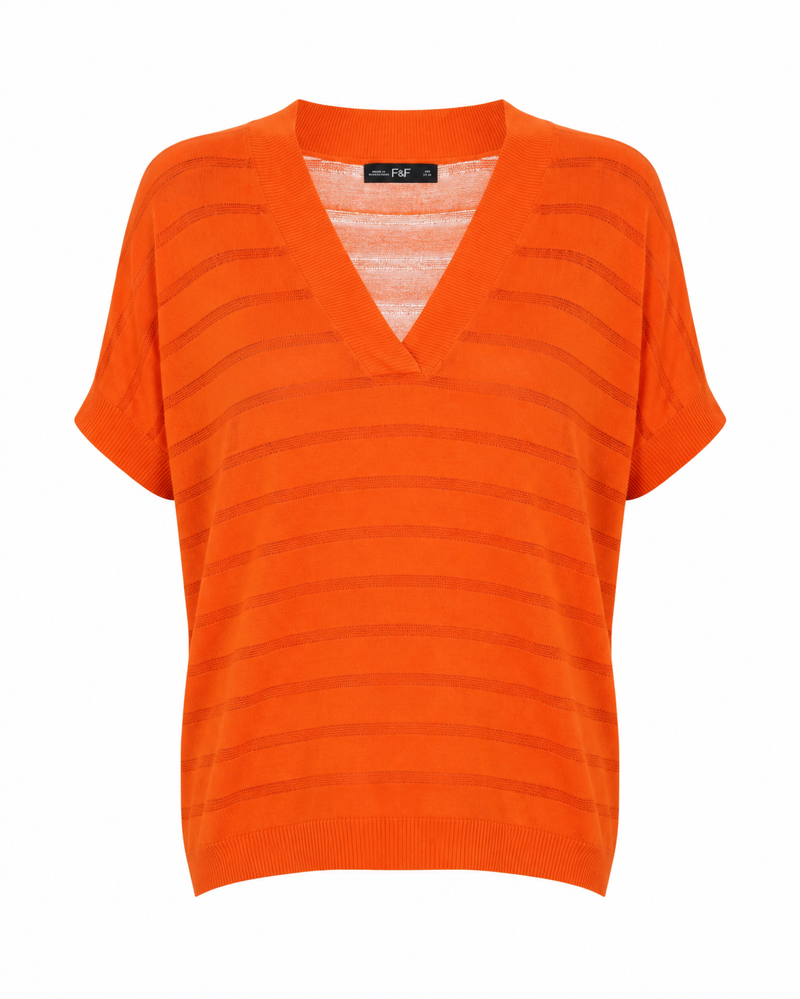F&F Orange Striped V-Neck Knit Top in UK Size L. Stylish lightweight knit with short sleeves, textured stripes and a relaxed fit for smart-casual outfits.