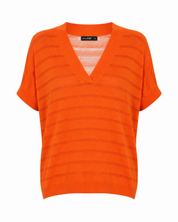 F&F Orange Striped V-Neck Knit Top in UK Size L. Stylish lightweight knit with short sleeves, textured stripes and a relaxed fit for smart-casual outfits.
