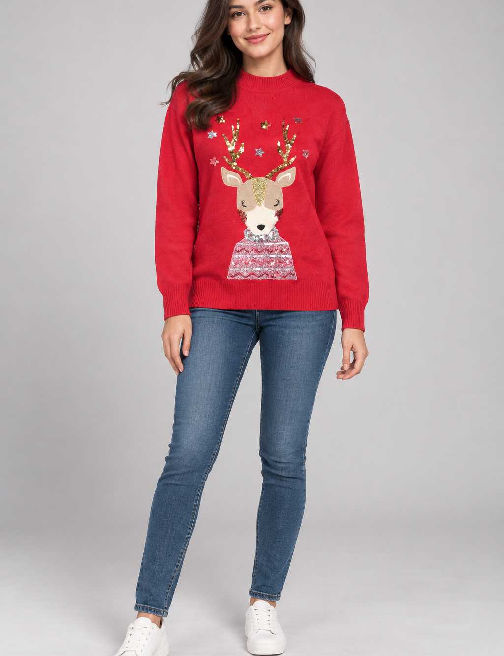   F&F red Christmas reindeer sequin knit jumper in UK size M. A cosy festive women’s jumper with sparkling seasonal details.