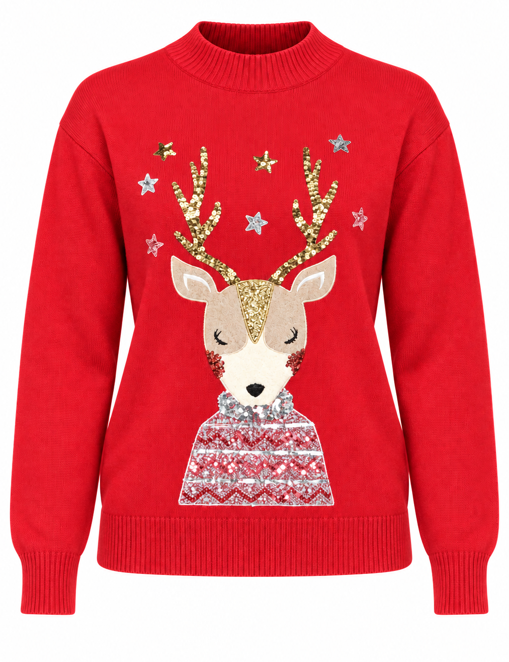   F&F red Christmas reindeer sequin knit jumper in UK size M. A cosy festive women’s jumper with sparkling seasonal details.