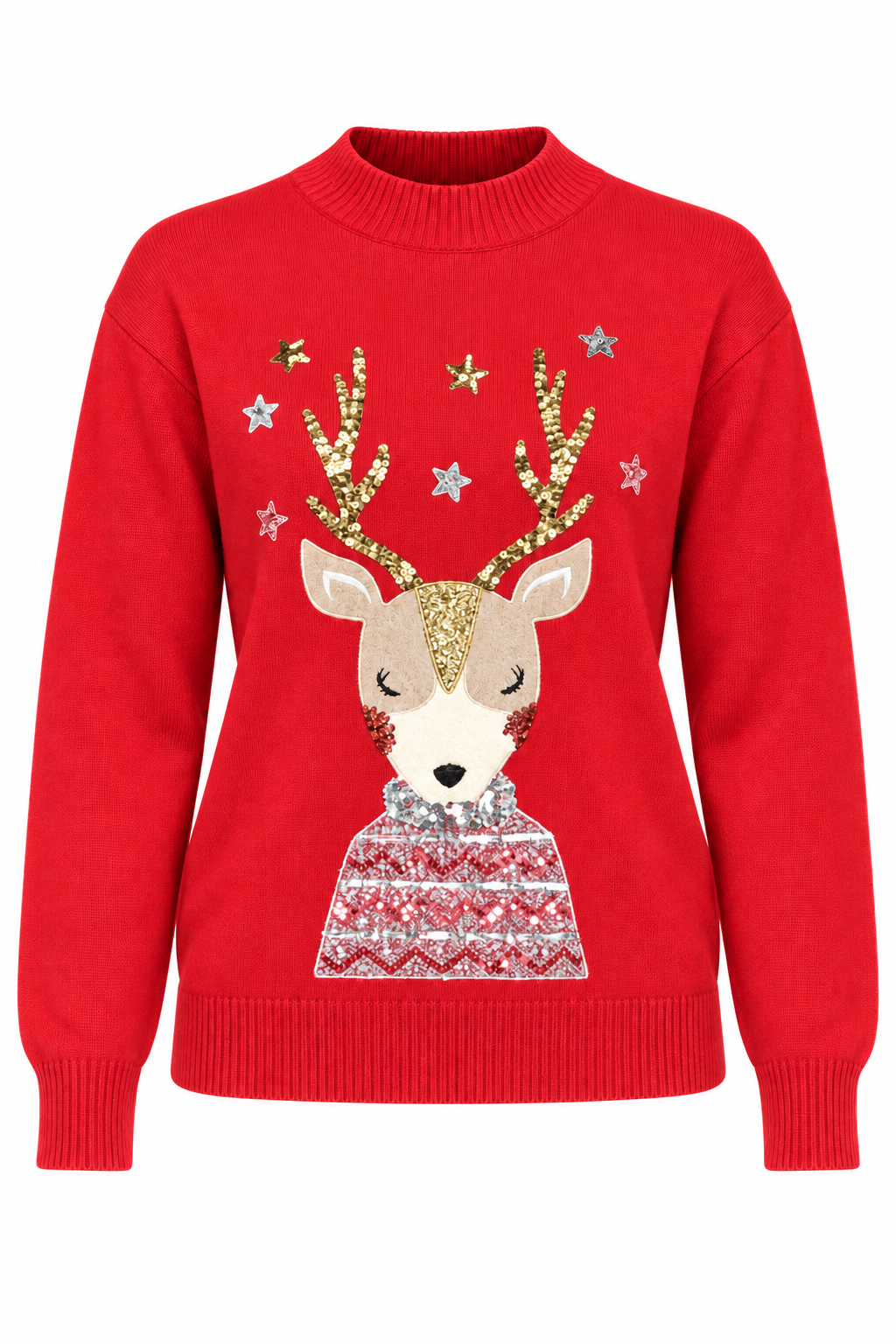   F&F red Christmas reindeer sequin knit jumper in UK size M. A cosy festive women’s jumper with sparkling seasonal details.