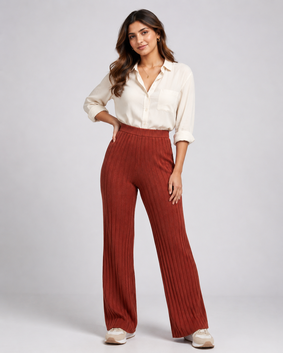  F&F rust ribbed wide-leg trousers in UK size 16. Stylish, comfortable women's trousers with a relaxed fit, elasticated waist and versatile design.