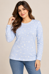 F&F Women Baby Blue Star Print Ribbed Long Sleeve Top