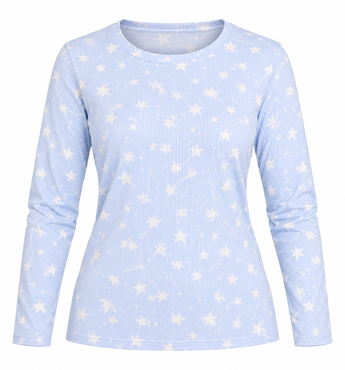  F&F Women's Baby Blue Star Print Ribbed Long Sleeve Top in UK Size 16/18. Soft, comfortable and stylish casual wear at an affordable price.