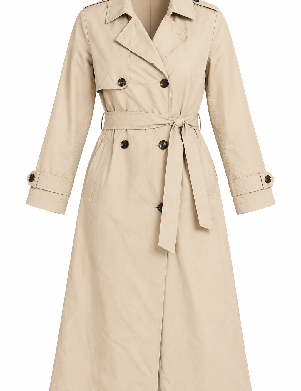  F&F women’s beige long trench coat in UK Size S. Classic double-breasted design with waist belt, side pockets and elegant longline styling.