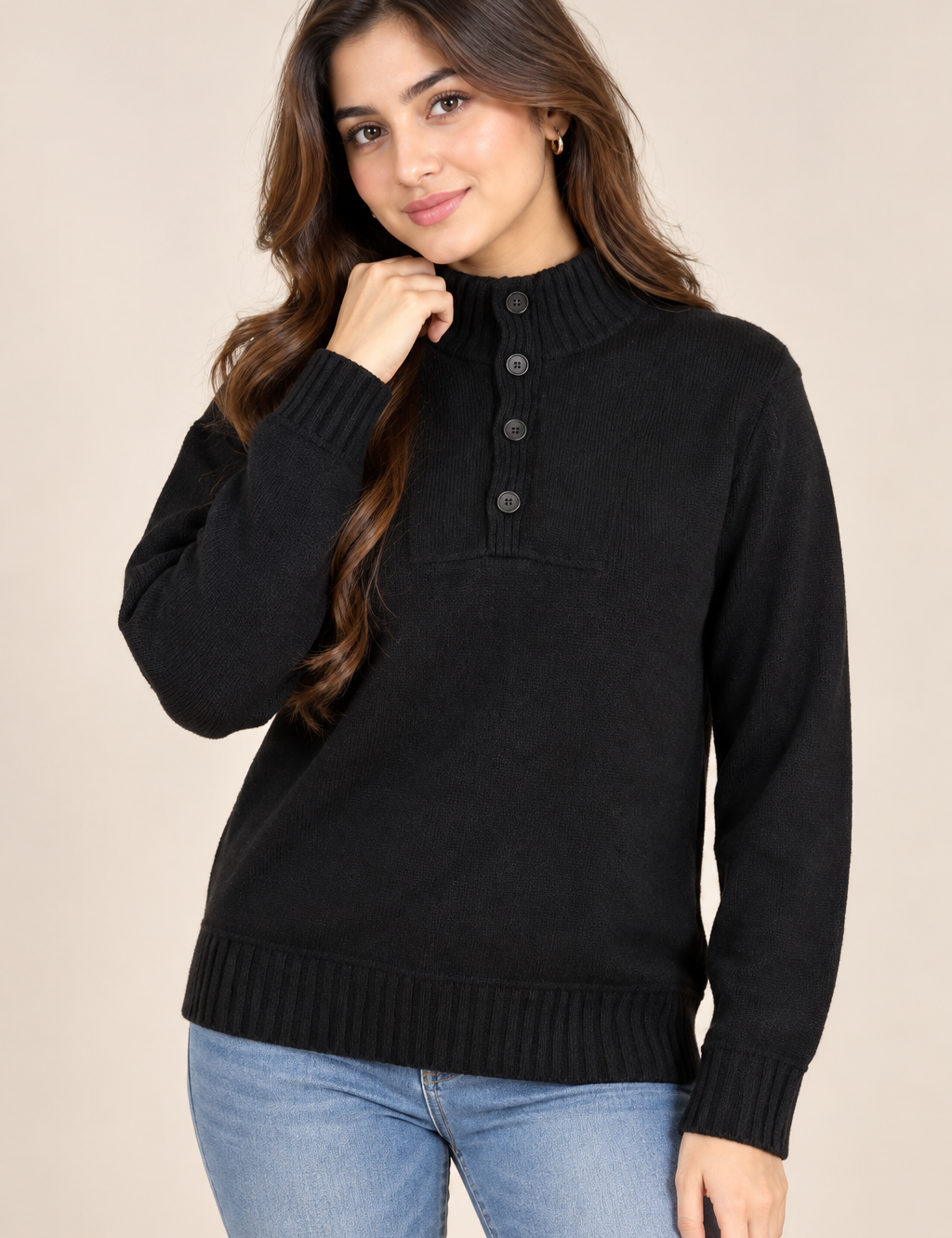 F&F Women’s Black High Neck Knitted Jumper in UK Size L. Features a 4-button neckline, long sleeves and ribbed trims for a classic winter look.