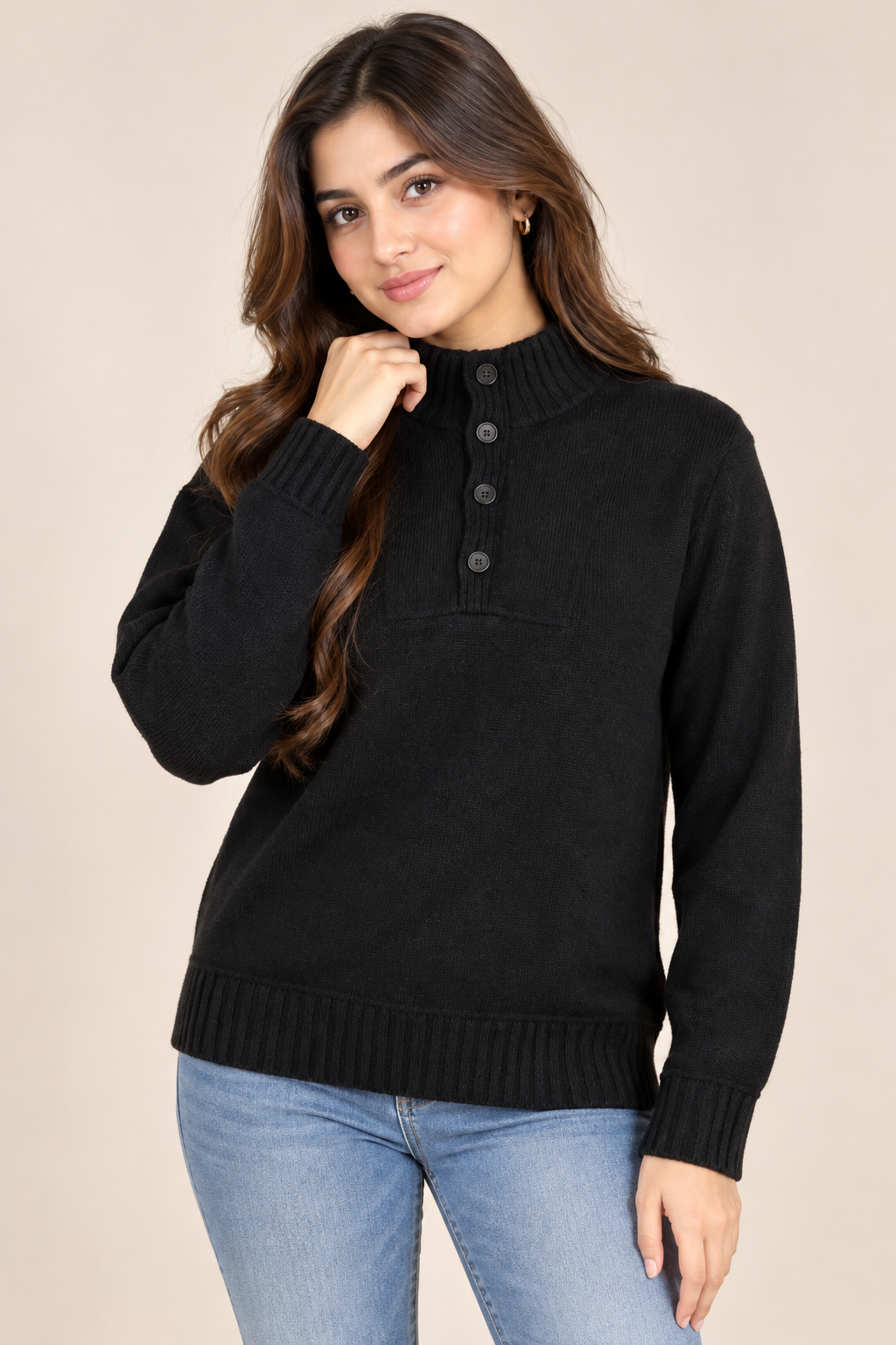 F&F Women’s Black High Neck Knitted Jumper in UK Size L. Features a 4-button neckline, long sleeves and ribbed trims for a classic winter look.