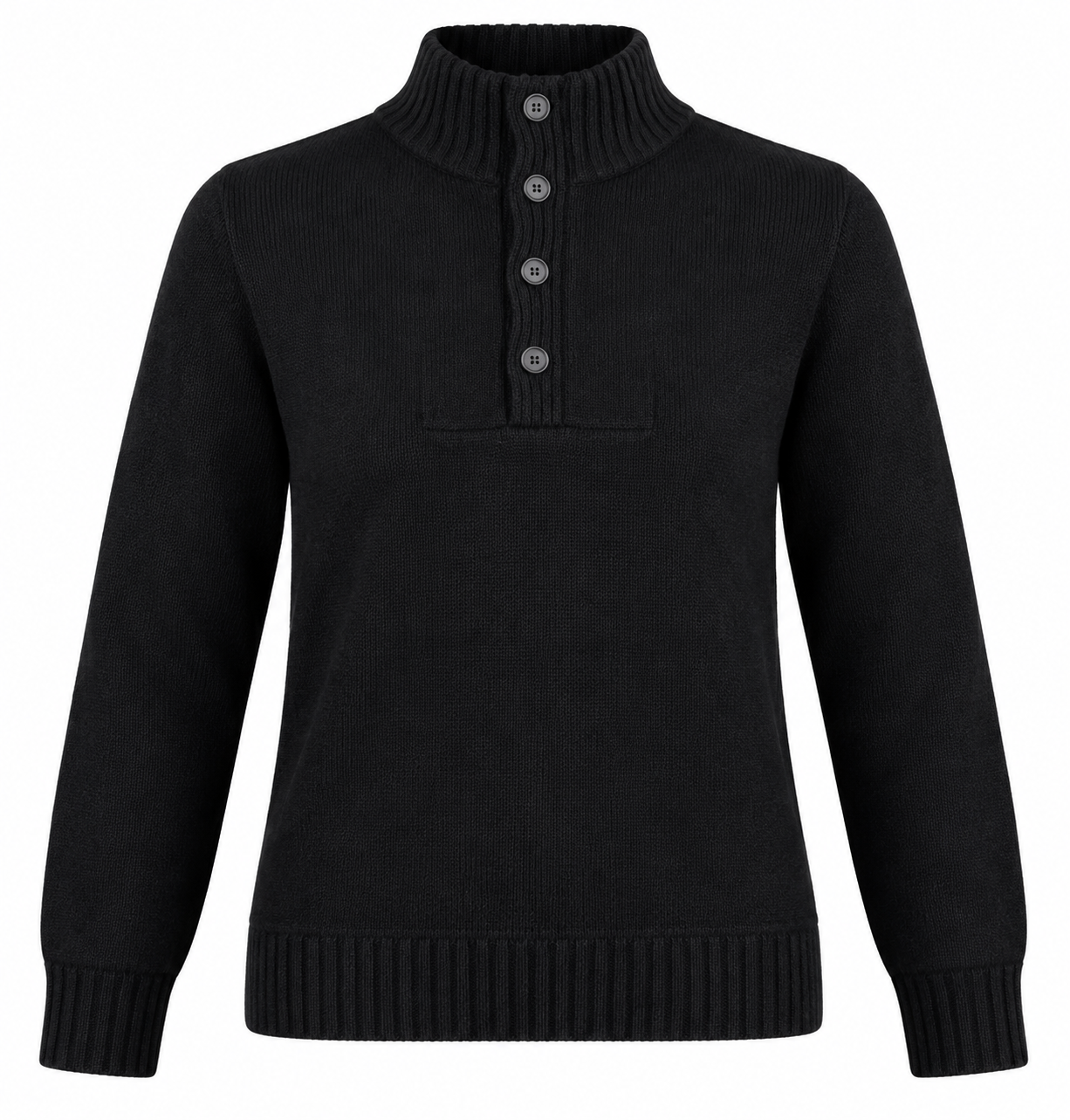 F&F Women’s Black High Neck Knitted Jumper in UK Size L. Features a 4-button neckline, long sleeves and ribbed trims for a classic winter look.