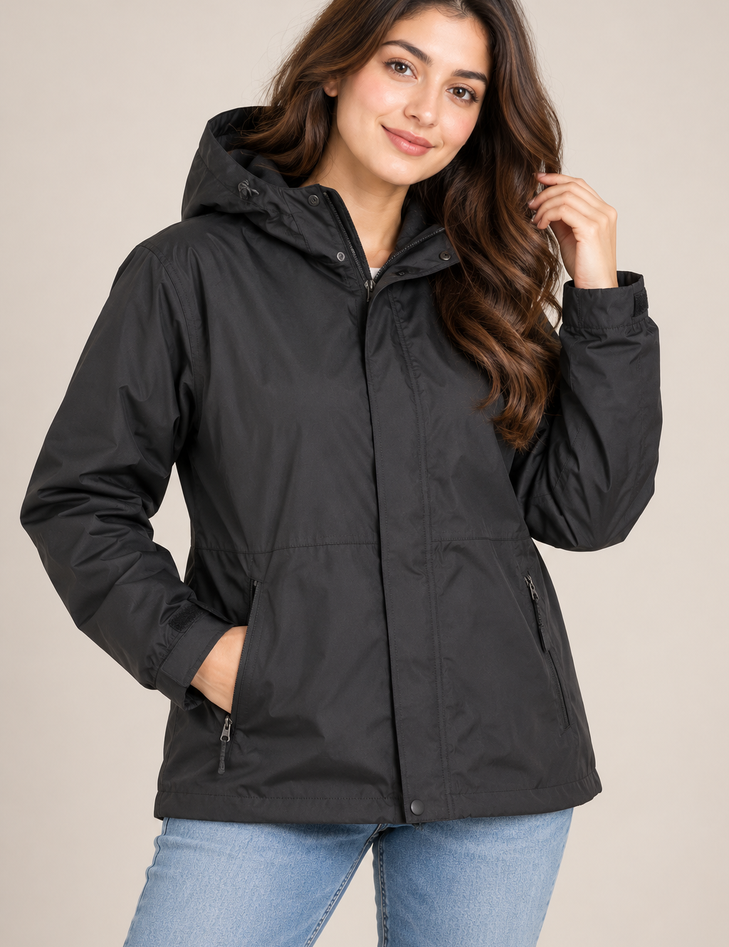 F&F Women’s Black Hooded Jacket in UK Size 3XL. A stylish lightweight outdoor coat with hood and zipped pockets, ideal for everyday wear.