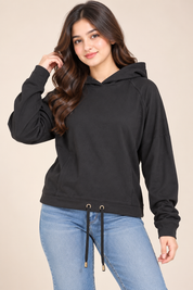F&F women’s black hooded pullover in UK Size S. A stylish casual hoodie with long sleeves and adjustable drawstring detail for everyday wear.