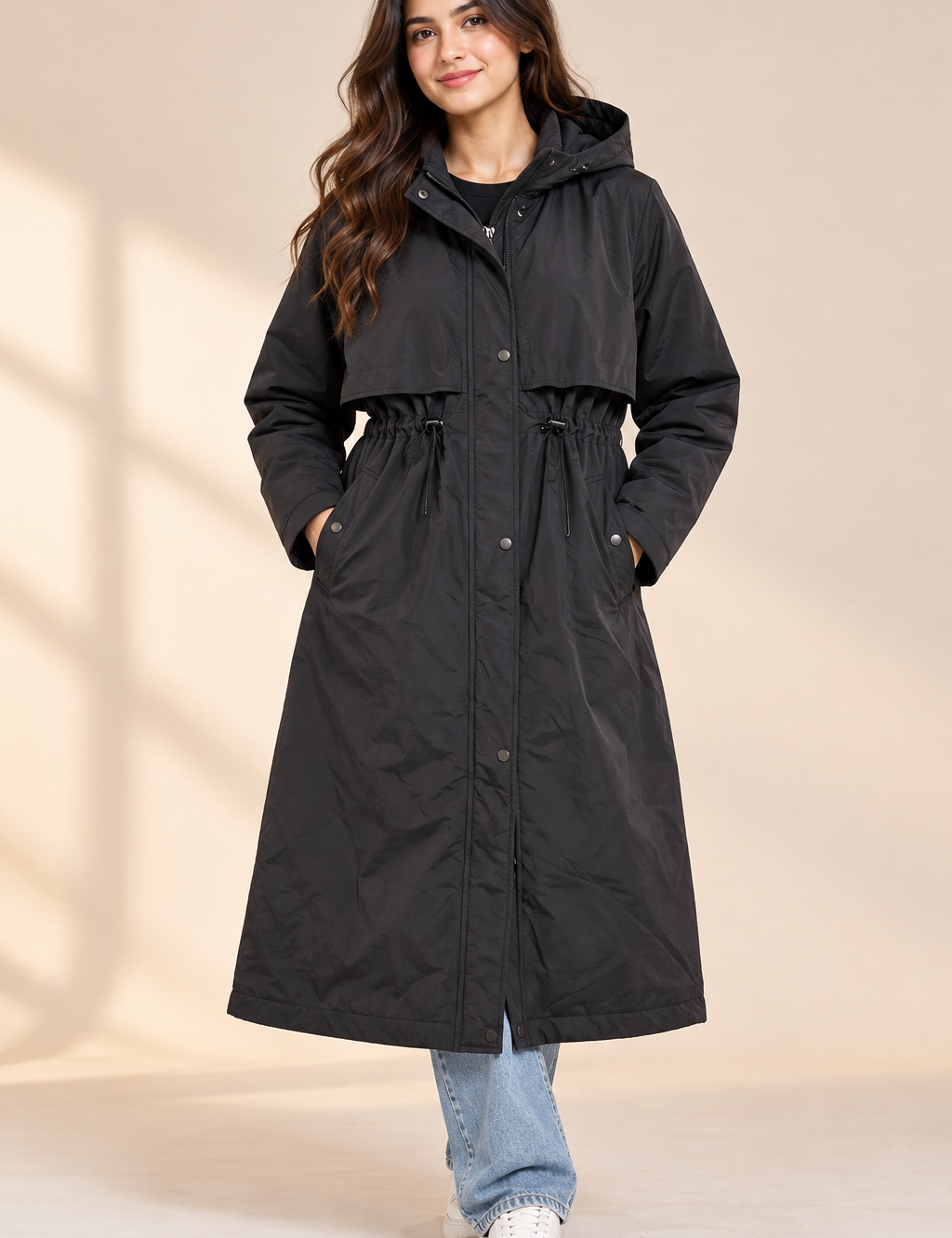 the F&F Women’s Black Long Hooded Parka Coat in UK Size S. Features an adjustable waist, hood, longline design and practical pockets for everyday wear.