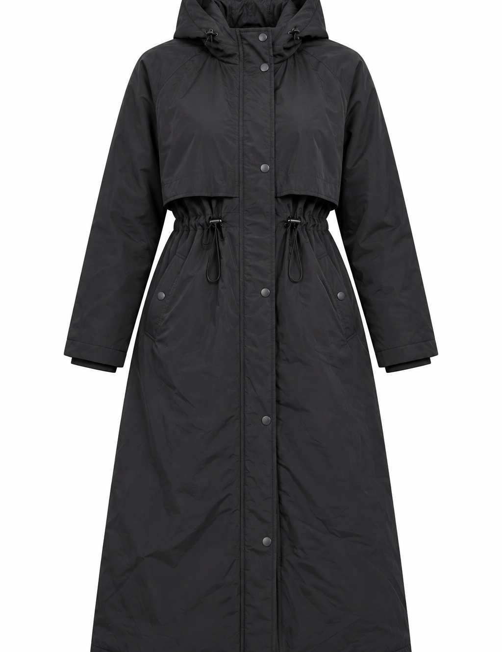 the F&F Women’s Black Long Hooded Parka Coat in UK Size S. Features an adjustable waist, hood, longline design and practical pockets for everyday wear.