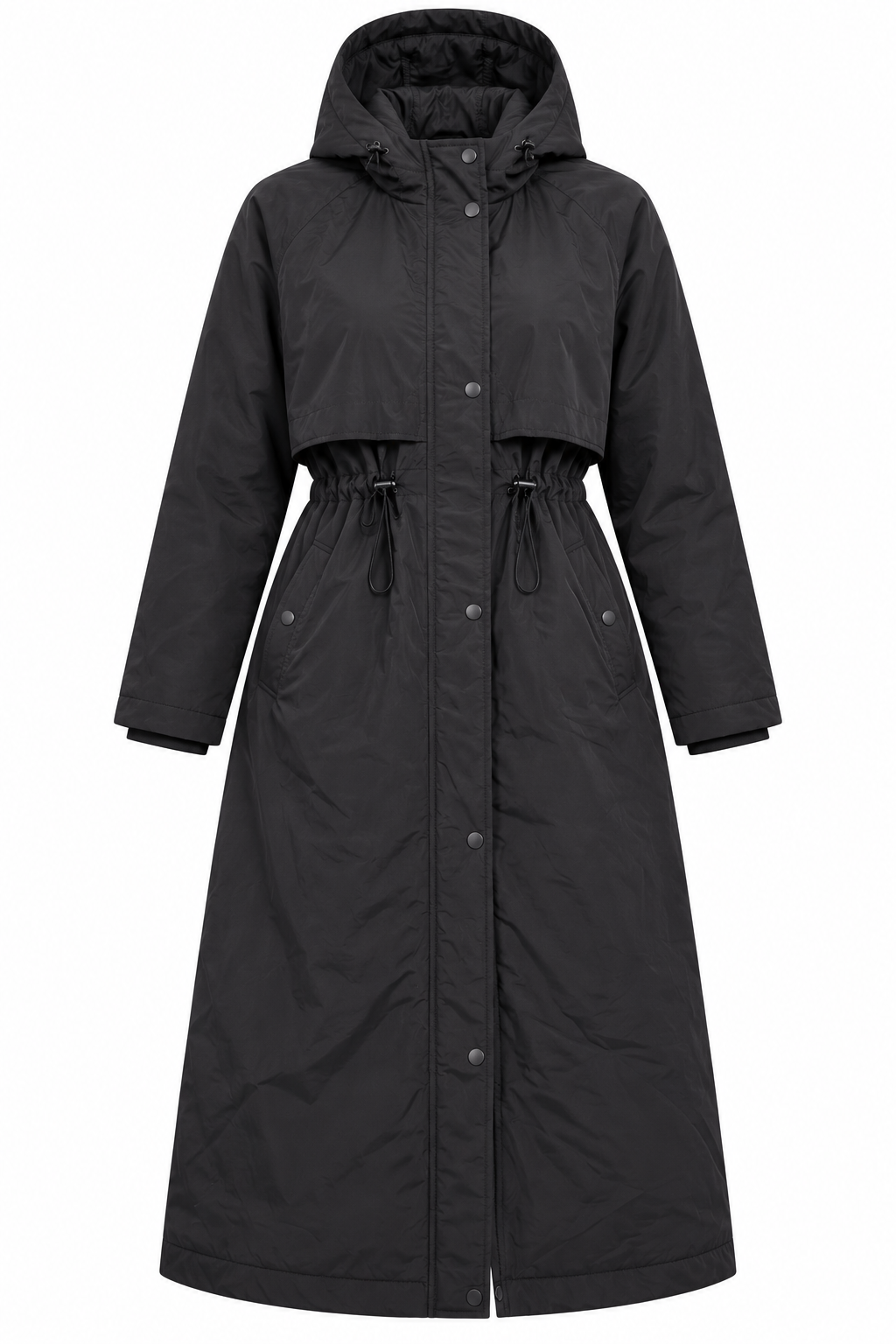 the F&F Women’s Black Long Hooded Parka Coat in UK Size S. Features an adjustable waist, hood, longline design and practical pockets for everyday wear.