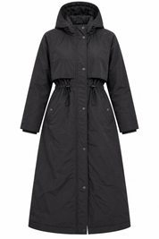 the F&F Women’s Black Long Hooded Parka Coat in UK Size S. Features an adjustable waist, hood, longline design and practical pockets for everyday wear.