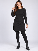 F&F Women Black Ribbed Long Sleeve Mini Dress with Side Slits