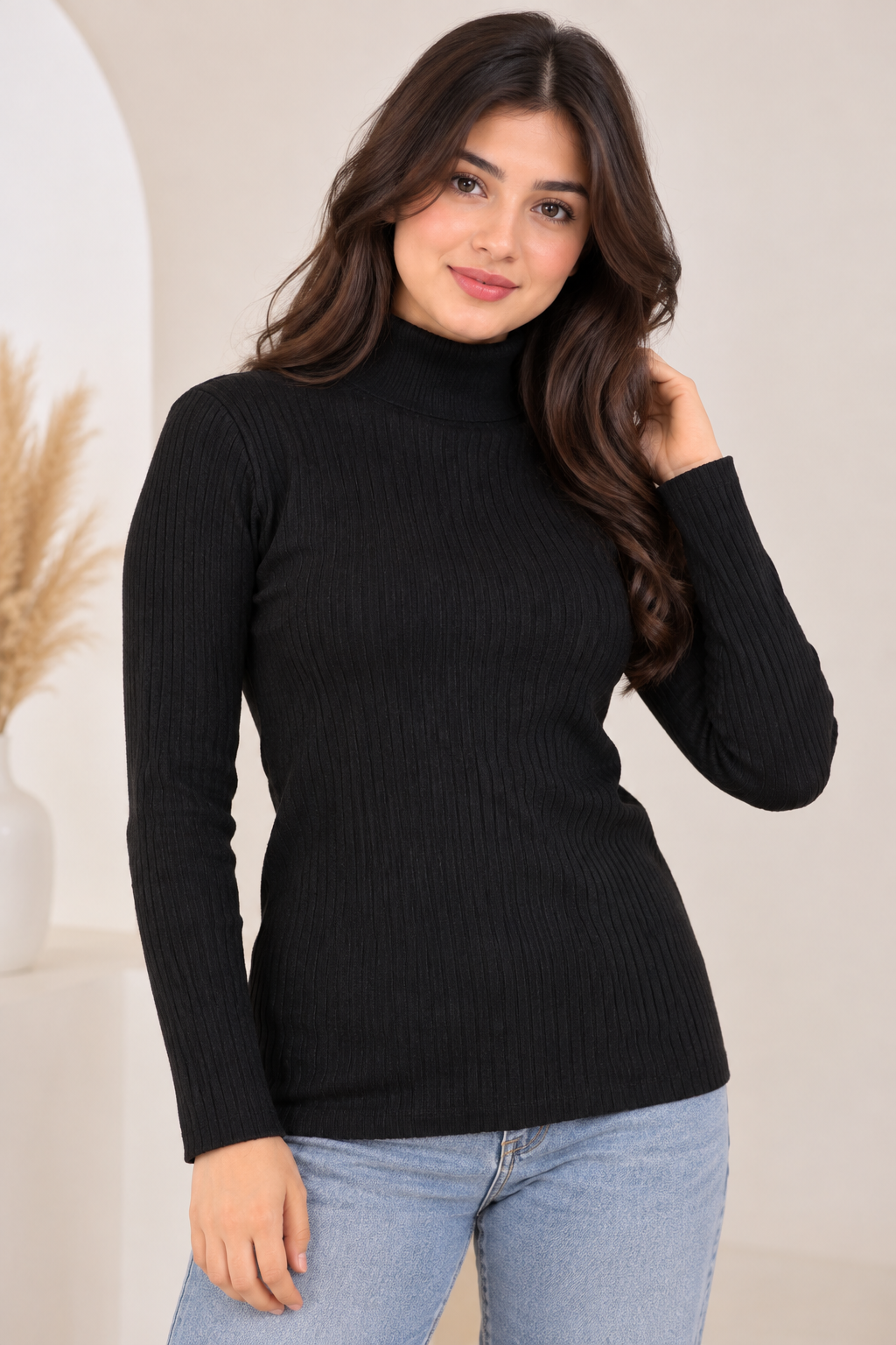 F&F Women’s Black Ribbed Turtleneck Jumper in UK Size M. A stylish long-sleeve wardrobe essential from UK Customer Returns Pakistan.